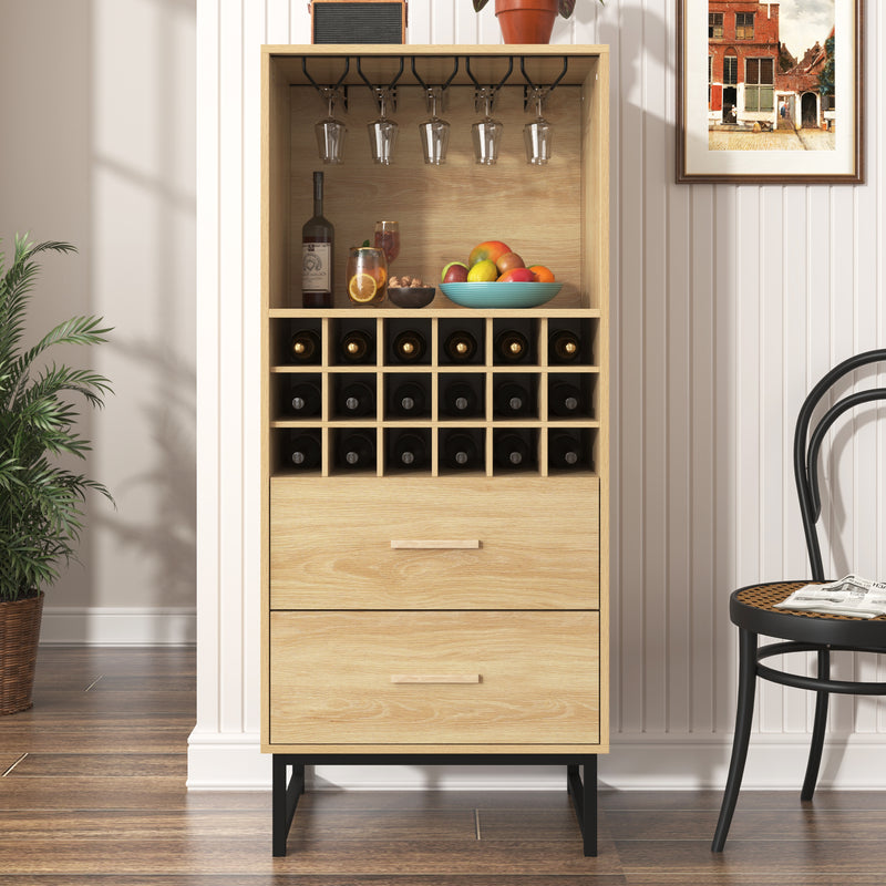 Meuble Bar à Vin Élégant en Bois avec 18 Casiers, Porte-Verres et Pieds Métalliques Noirs OVA