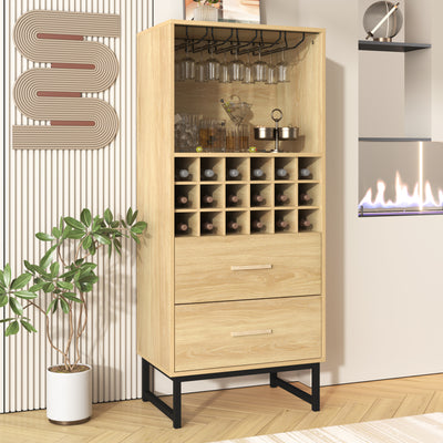 Meuble Bar à Vin Élégant en Bois avec 18 Casiers, Porte-Verres et Pieds Métalliques Noirs OVA