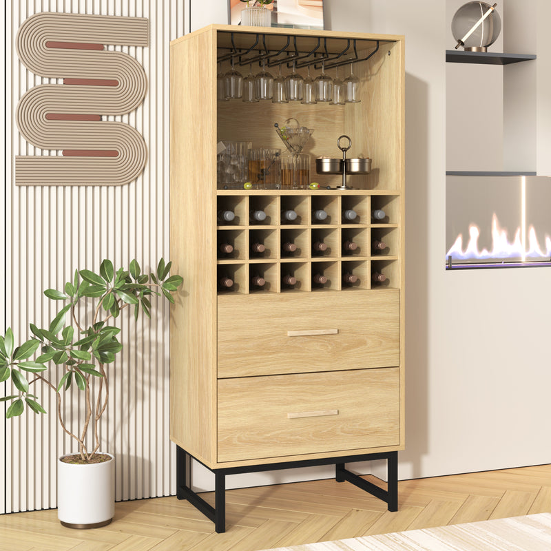 Meuble Bar à Vin Élégant en Bois avec 18 Casiers, Porte-Verres et Pieds Métalliques Noirs OVA