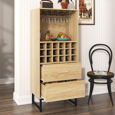 Meuble Bar à Vin Élégant en Bois avec 18 Casiers, Porte-Verres et Pieds Métalliques Noirs OVA