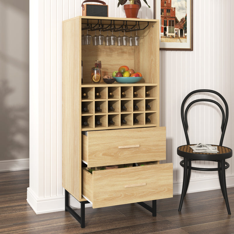 Meuble Bar à Vin Élégant en Bois avec 18 Casiers, Porte-Verres et Pieds Métalliques Noirs OVA