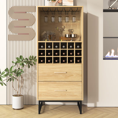 Meuble Bar à Vin Élégant en Bois avec 18 Casiers, Porte-Verres et Pieds Métalliques Noirs OVA