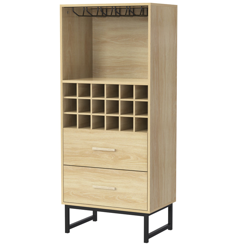 Meuble Bar à Vin Élégant en Bois avec 18 Casiers, Porte-Verres et Pieds Métalliques Noirs OVA