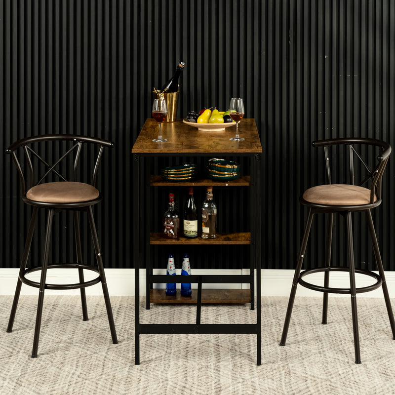 Set of 2 brown bistro style swivel bar stools with footrests, 2 possible seat heights 62/73cm PISTIL 24/29 INCH