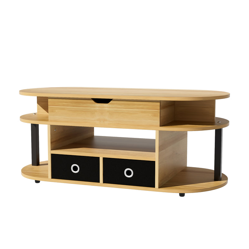 Table Basse Relevable Multifonctionnelle Noir & Bois avec Rangement et Tiroirs en Tissu (105x50cm) PHAHRAIRS