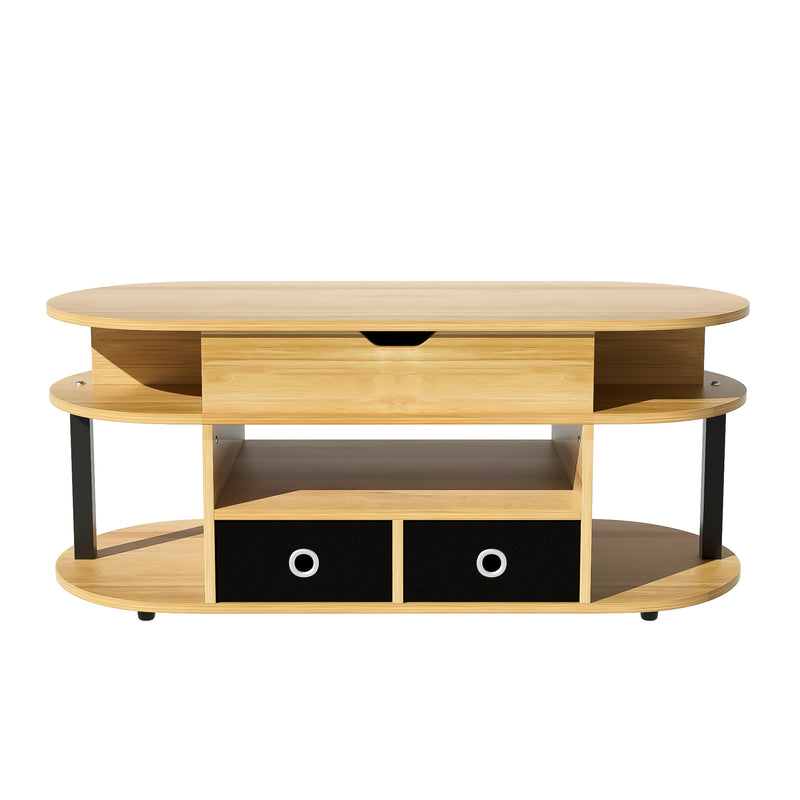 Table Basse Relevable Multifonctionnelle Noir & Bois avec Rangement et Tiroirs en Tissu (105x50cm) PHAHRAIRS