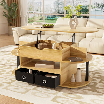 Table Basse Relevable Multifonctionnelle Noir & Bois avec Rangement et Tiroirs en Tissu (105x50cm) PHAHRAIRS