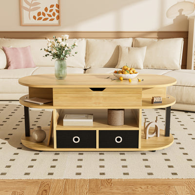 Table Basse Relevable Multifonctionnelle Noir & Bois avec Rangement et Tiroirs en Tissu (105x50cm) PHAHRAIRS