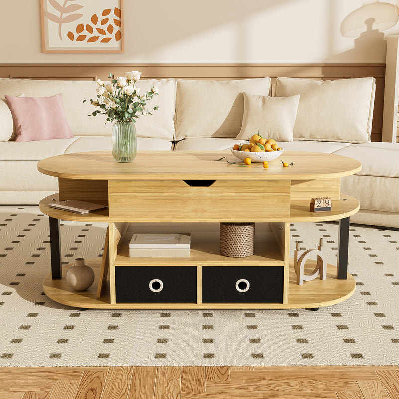 Table Basse Relevable Multifonctionnelle Noir & Bois avec Rangement et Tiroirs en Tissu (105x50cm) PHAHRAIRS