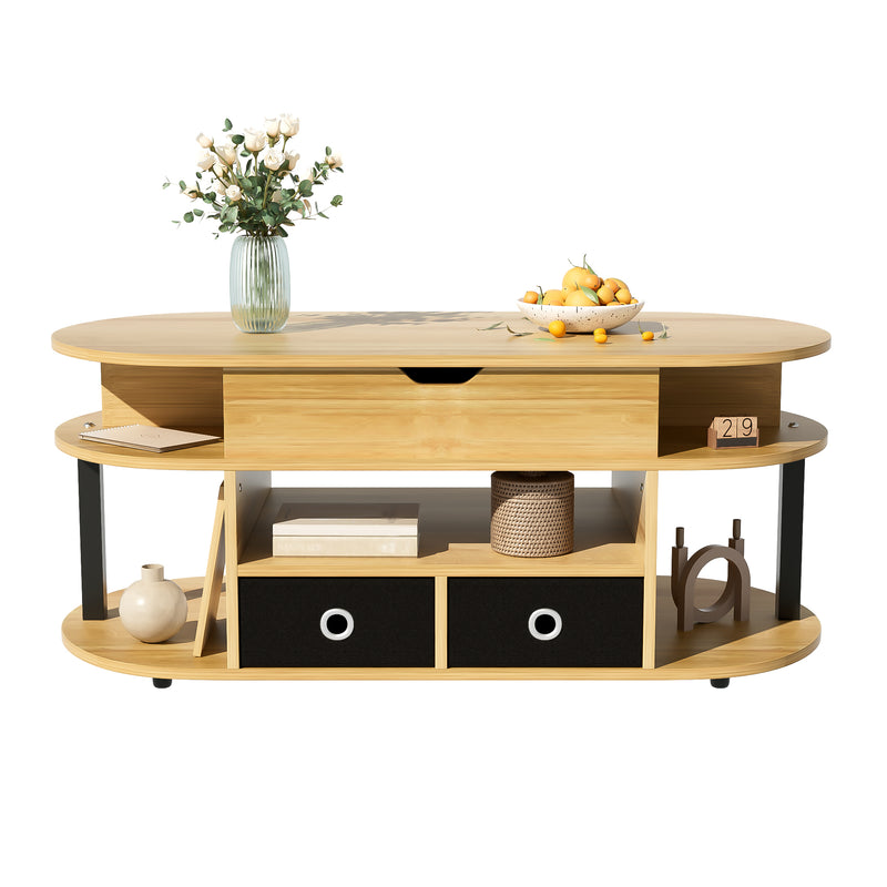 Table Basse Relevable Multifonctionnelle Noir & Bois avec Rangement et Tiroirs en Tissu (105x50cm) PHAHRAIRS
