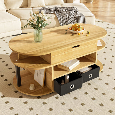 Table Basse Relevable Multifonctionnelle Noir & Bois avec Rangement et Tiroirs en Tissu (105x50cm) PHAHRAIRS