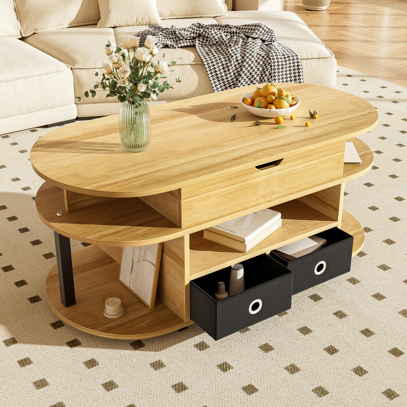 Table Basse Relevable Multifonctionnelle Noir & Bois avec Rangement et Tiroirs en Tissu (105x50cm) PHAHRAIRS