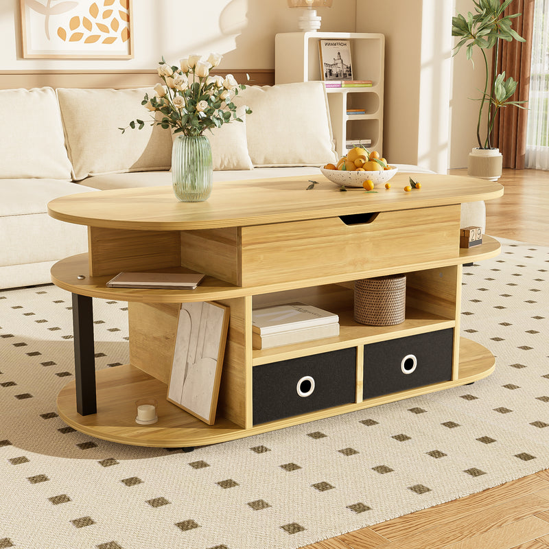 Table Basse Relevable Multifonctionnelle Noir & Bois avec Rangement et Tiroirs en Tissu (105x50cm) PHAHRAIRS