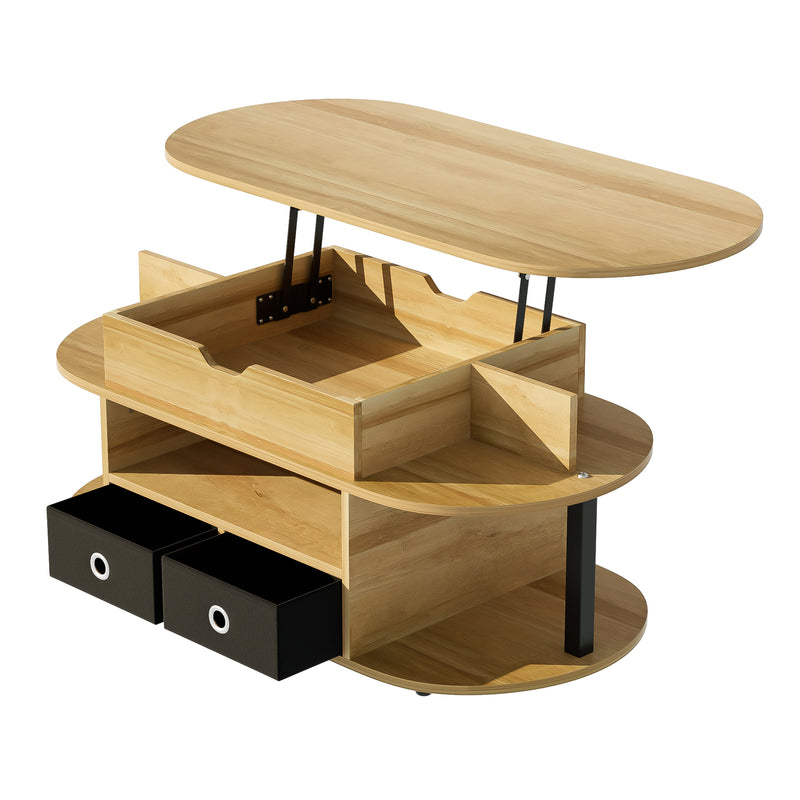 Table Basse Relevable Multifonctionnelle Noir & Bois avec Rangement et Tiroirs en Tissu (105x50cm) PHAHRAIRS