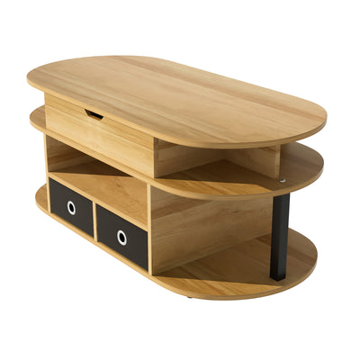 Table Basse Relevable Multifonctionnelle Noir & Bois avec Rangement et Tiroirs en Tissu (105x50cm) PHAHRAIRS