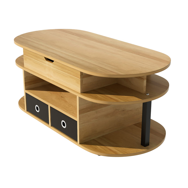 Table Basse Relevable Multifonctionnelle Noir & Bois avec Rangement et Tiroirs en Tissu (105x50cm) PHAHRAIRS