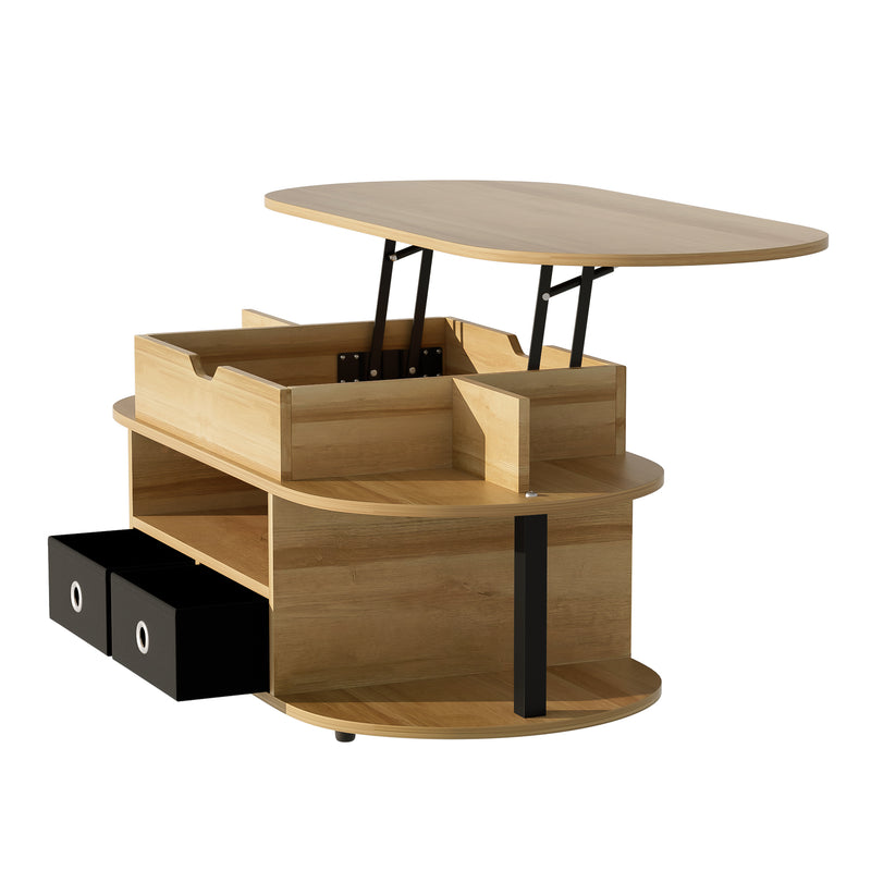 Table Basse Relevable Multifonctionnelle Noir & Bois avec Rangement et Tiroirs en Tissu (105x50cm) PHAHRAIRS