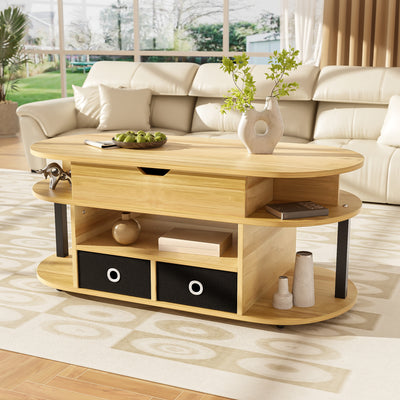 Table Basse Relevable Multifonctionnelle Noir & Bois avec Rangement et Tiroirs en Tissu (105x50cm) PHAHRAIRS