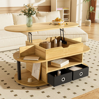 Table Basse Relevable Multifonctionnelle Noir & Bois avec Rangement et Tiroirs en Tissu (105x50cm) PHAHRAIRS