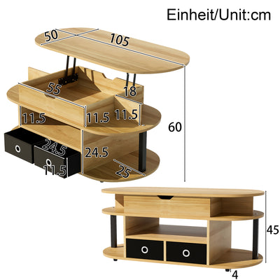 Table Basse Relevable Multifonctionnelle Noir & Bois avec Rangement et Tiroirs en Tissu (105x50cm) PHAHRAIRS