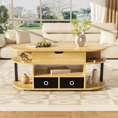 Table Basse Relevable Multifonctionnelle Noir & Bois avec Rangement et Tiroirs en Tissu (105x50cm) PHAHRAIRS