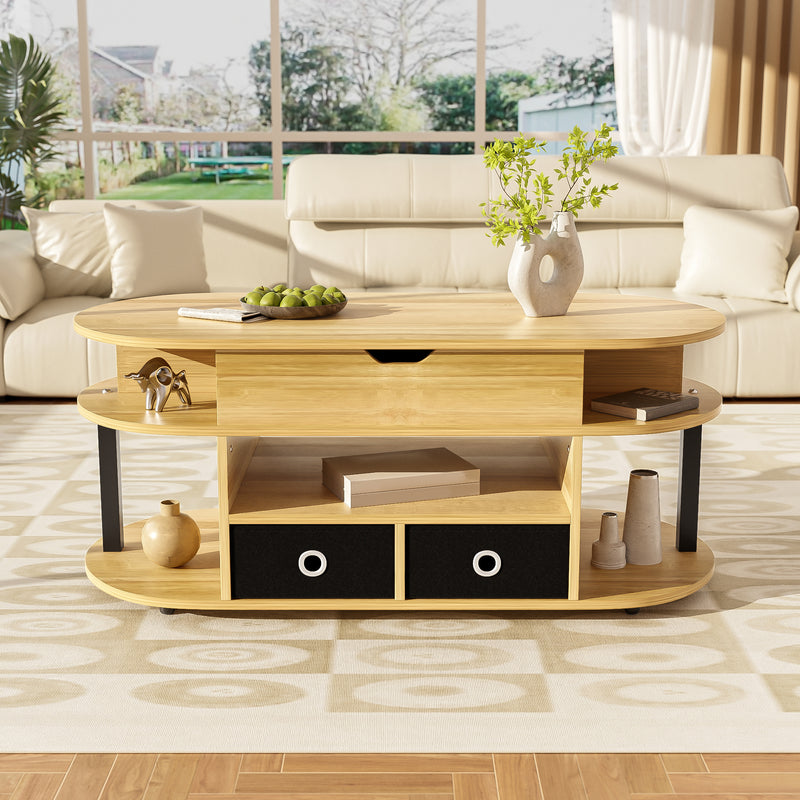 Table Basse Relevable Multifonctionnelle Noir & Bois avec Rangement et Tiroirs en Tissu (105x50cm) PHAHRAIRS