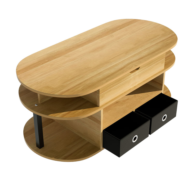 Table Basse Relevable Multifonctionnelle Noir & Bois avec Rangement et Tiroirs en Tissu (105x50cm) PHAHRAIRS