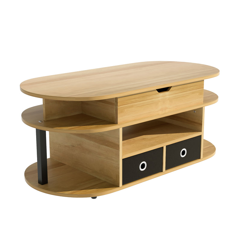 Table Basse Relevable Multifonctionnelle Noir & Bois avec Rangement et Tiroirs en Tissu (105x50cm) PHAHRAIRS