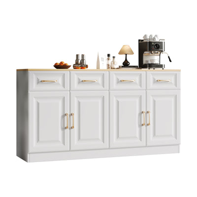 Buffet Style Ferme Blanc et Chêne avec 4 Tiroirs et 4 Portes, Rangement Optimisé et Anti-Basculement PHECHEANS