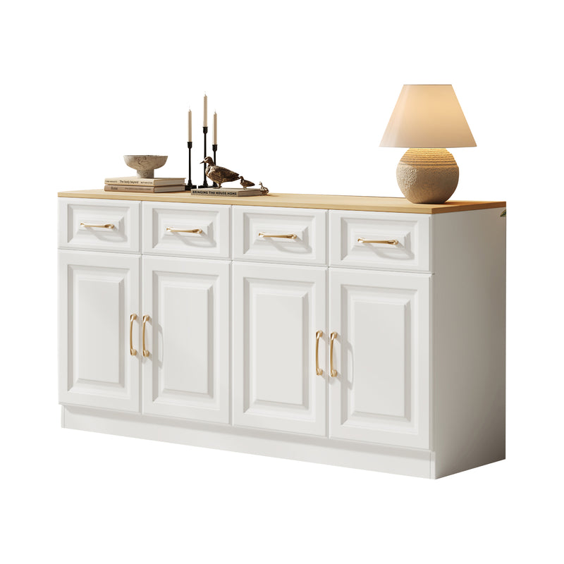 Buffet Style Ferme Blanc et Chêne avec 4 Tiroirs et 4 Portes, Rangement Optimisé et Anti-Basculement PHECHEANS