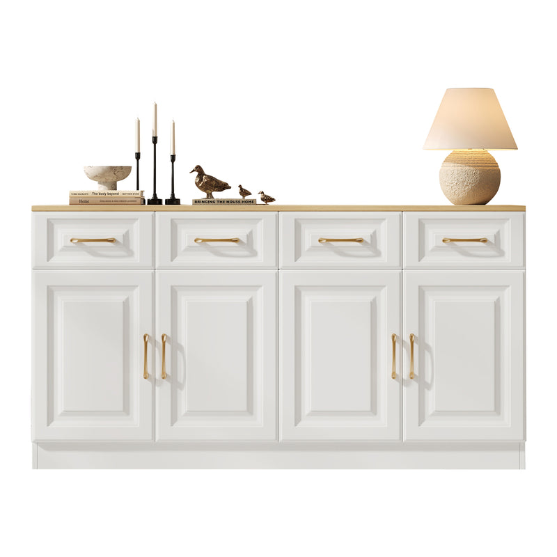 Buffet Style Ferme Blanc et Chêne avec 4 Tiroirs et 4 Portes, Rangement Optimisé et Anti-Basculement PHECHEANS