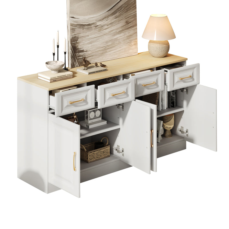 Buffet Style Ferme Blanc et Chêne avec 4 Tiroirs et 4 Portes, Rangement Optimisé et Anti-Basculement PHECHEANS