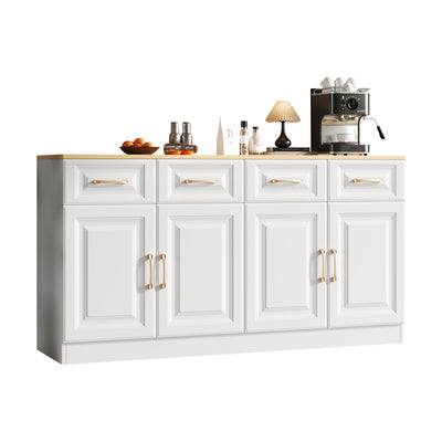 Buffet Style Ferme Blanc et Chêne avec 4 Tiroirs et 4 Portes, Rangement Optimisé et Anti-Basculement PHECHEANS