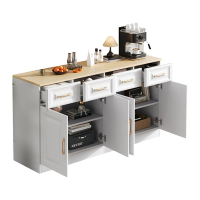 Buffet Style Ferme Blanc et Chêne avec 4 Tiroirs et 4 Portes, Rangement Optimisé et Anti-Basculement PHECHEANS