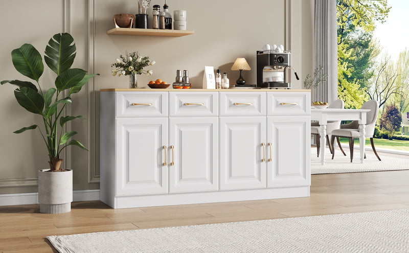 Buffet Style Ferme Blanc et Chêne avec 4 Tiroirs et 4 Portes, Rangement Optimisé et Anti-Basculement PHECHEANS