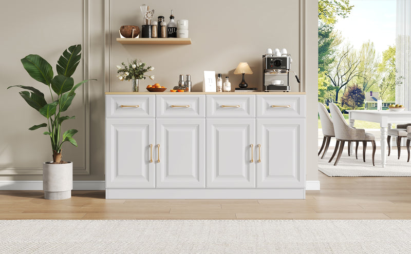 Buffet Style Ferme Blanc et Chêne avec 4 Tiroirs et 4 Portes, Rangement Optimisé et Anti-Basculement PHECHEANS
