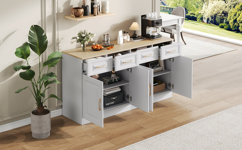 Buffet Style Ferme Blanc et Chêne avec 4 Tiroirs et 4 Portes, Rangement Optimisé et Anti-Basculement PHECHEANS