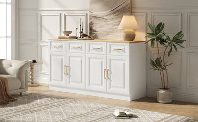 Buffet Style Ferme Blanc et Chêne avec 4 Tiroirs et 4 Portes, Rangement Optimisé et Anti-Basculement PHECHEANS