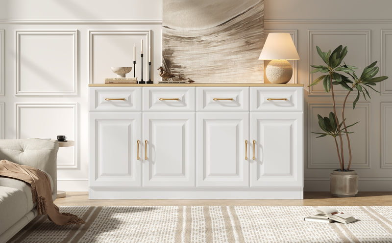 Buffet Style Ferme Blanc et Chêne avec 4 Tiroirs et 4 Portes, Rangement Optimisé et Anti-Basculement PHECHEANS