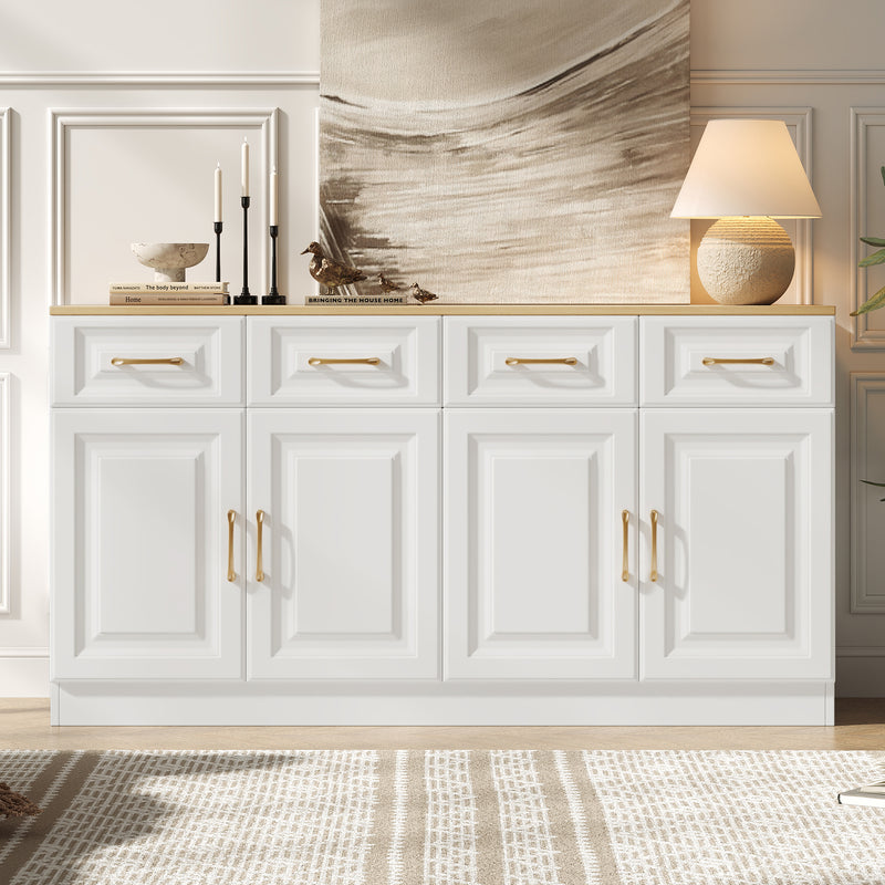 Buffet Style Ferme Blanc et Chêne avec 4 Tiroirs et 4 Portes, Rangement Optimisé et Anti-Basculement PHECHEANS