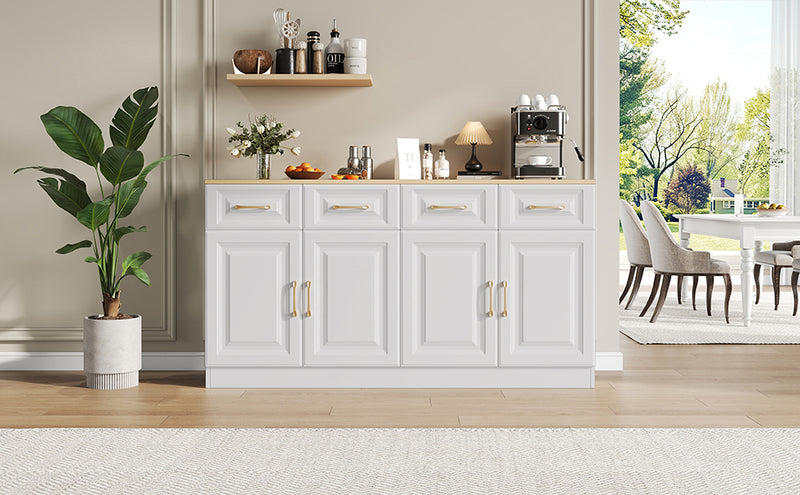 Buffet Style Ferme Blanc et Chêne avec 4 Tiroirs et 4 Portes, Rangement Optimisé et Anti-Basculement PHECHEANS