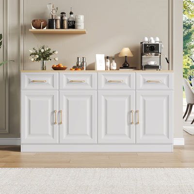 Buffet Style Ferme Blanc et Chêne avec 4 Tiroirs et 4 Portes, Rangement Optimisé et Anti-Basculement PHECHEANS