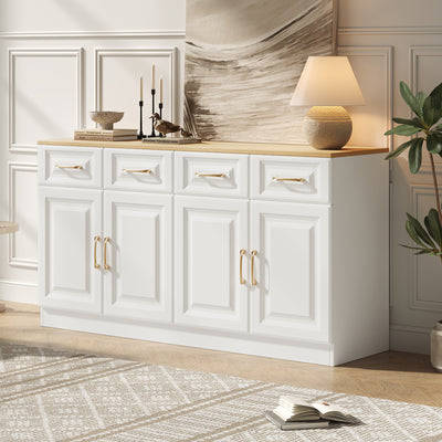 Buffet Style Ferme Blanc et Chêne avec 4 Tiroirs et 4 Portes, Rangement Optimisé et Anti-Basculement PHECHEANS