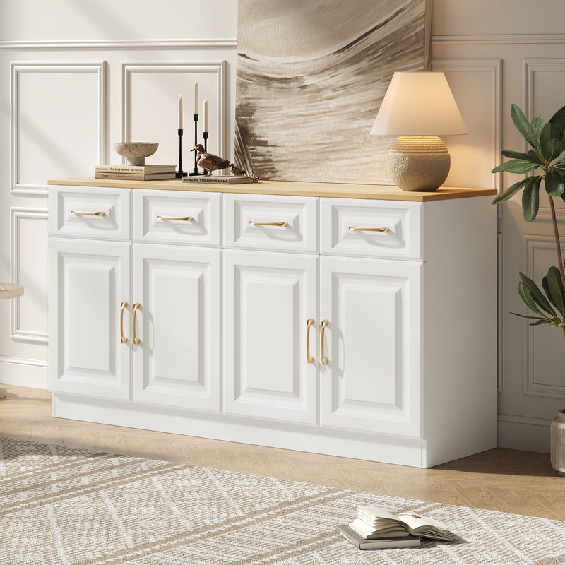 Buffet Style Ferme Blanc et Chêne avec 4 Tiroirs et 4 Portes, Rangement Optimisé et Anti-Basculement PHECHEANS