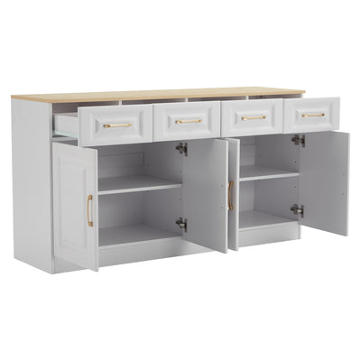 Buffet Style Ferme Blanc et Chêne avec 4 Tiroirs et 4 Portes, Rangement Optimisé et Anti-Basculement PHECHEANS