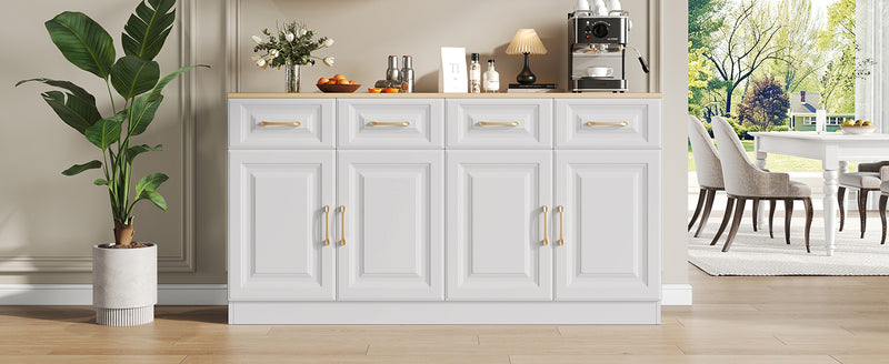 Buffet Style Ferme Blanc et Chêne avec 4 Tiroirs et 4 Portes, Rangement Optimisé et Anti-Basculement PHECHEANS