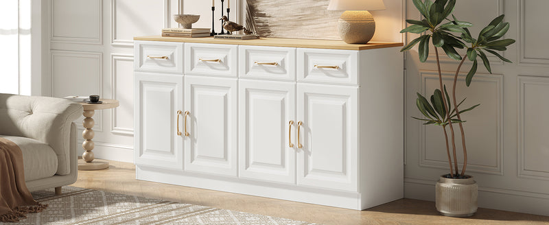 Buffet Style Ferme Blanc et Chêne avec 4 Tiroirs et 4 Portes, Rangement Optimisé et Anti-Basculement PHECHEANS