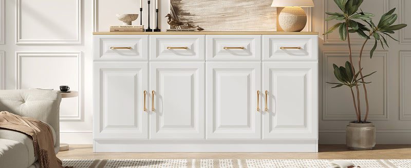 Buffet Style Ferme Blanc et Chêne avec 4 Tiroirs et 4 Portes, Rangement Optimisé et Anti-Basculement PHECHEANS