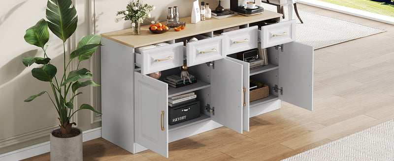 Buffet Style Ferme Blanc et Chêne avec 4 Tiroirs et 4 Portes, Rangement Optimisé et Anti-Basculement PHECHEANS