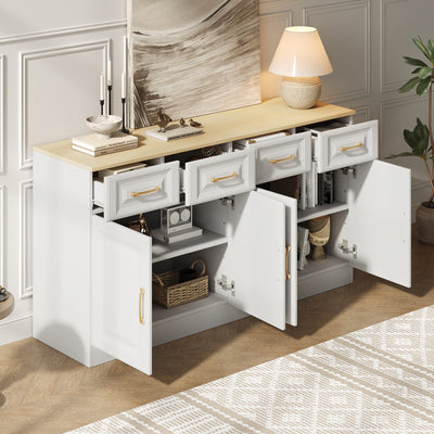 Buffet Style Ferme Blanc et Chêne avec 4 Tiroirs et 4 Portes, Rangement Optimisé et Anti-Basculement PHECHEANS
